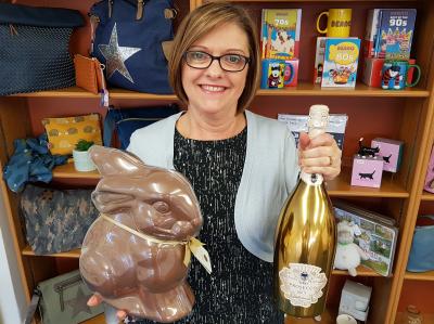 Our boss Julie with the bunny and bubbly that's up for grabs