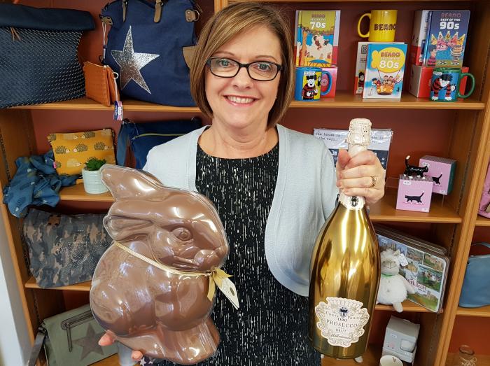 Our boss Julie with the bunny and bubbly that's up for grabs Our boss Julie with the bunny and bubbly that's up for grabs